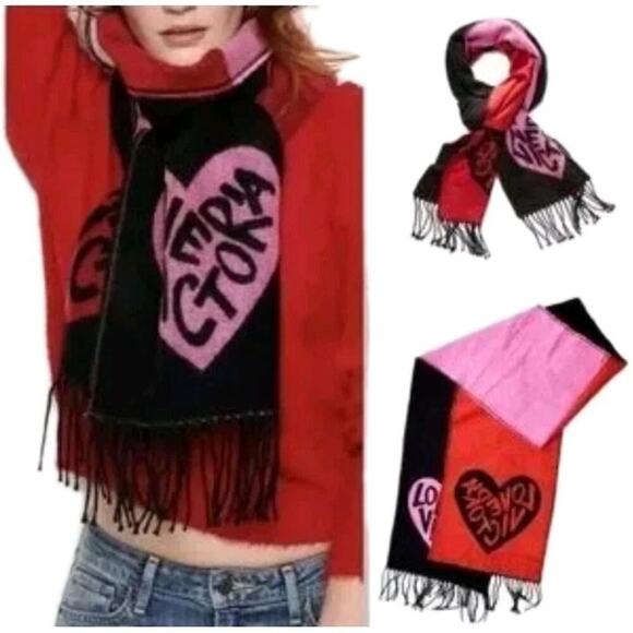 Victoria's Secret LOVE Winter Angel Scarf 83x12 Black Pink Red Valentine's Heart - Picture 1 of 5
